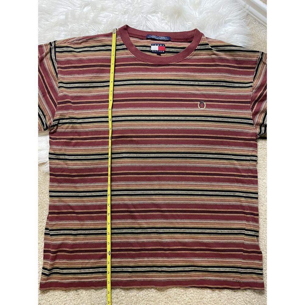 VTG Tommy Hilfiger Large Stripe T Shirt Crest Logo Prep Red White Black Brown - Picture 6 of 8